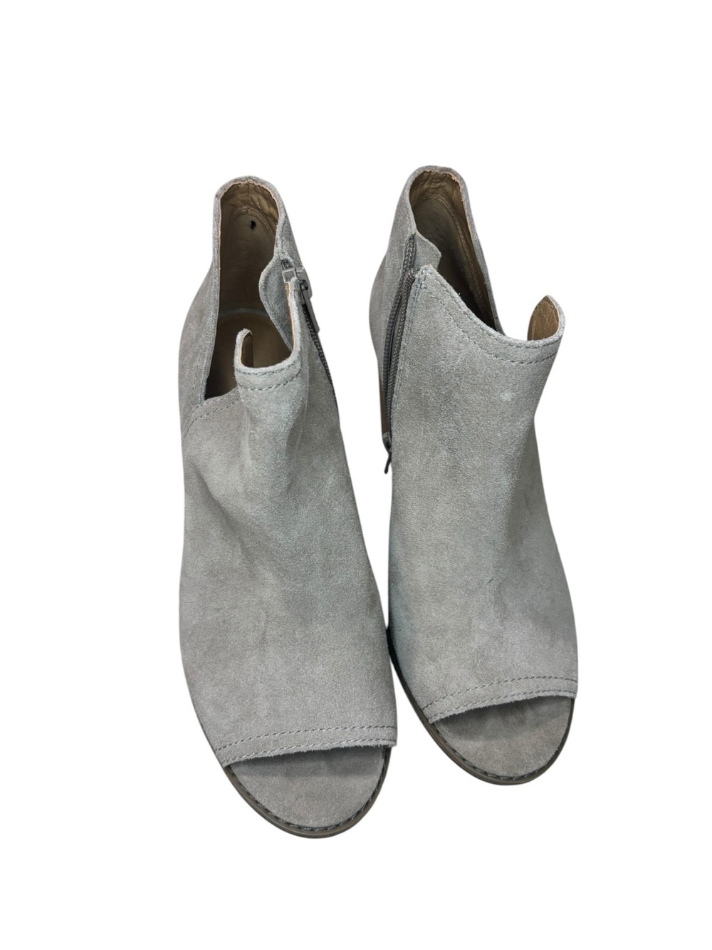Lucky Brand "Jezzah" peep-toe wedge booties in gray suede